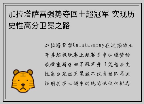 加拉塔萨雷强势夺回土超冠军 实现历史性高分卫冕之路