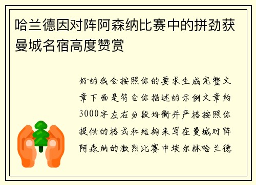 哈兰德因对阵阿森纳比赛中的拼劲获曼城名宿高度赞赏