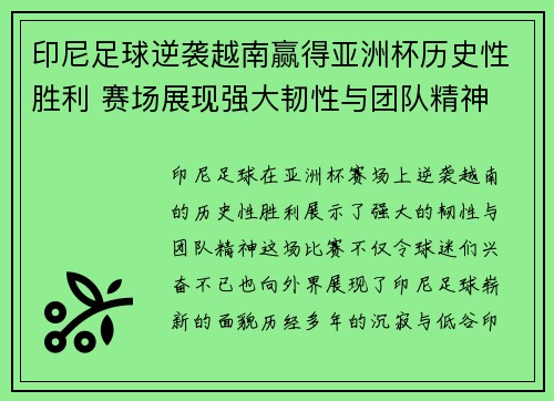 印尼足球逆袭越南赢得亚洲杯历史性胜利 赛场展现强大韧性与团队精神